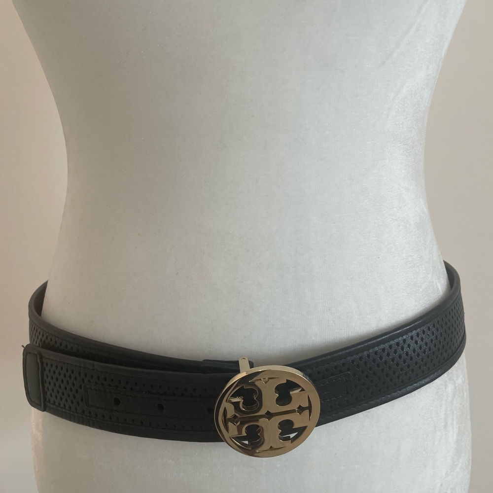 Tory Burch Black and Gold Leather Belt with Iconic Logo